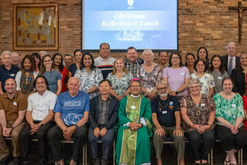 Bishop Vincent Long OFM Conv with parish support team members from across the Diocese of Parramatta during their Christmas Reflection day and Awards Presentation at the Edmund Rice Retreat Centre, Mulgoa. Image: Diocese of Parramatta
